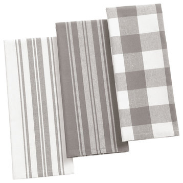 Farmhouse Living Stripe and Check Kitchen Towels, Set of 3, Gray/White, 18"x28"