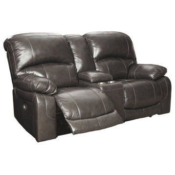 Bowery Hill Leather Power Reclining Loveseat in Gray