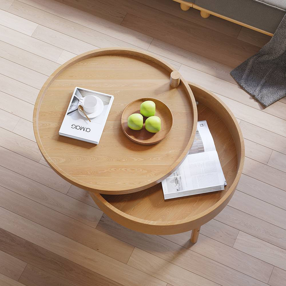 Modern Round Wood Rotating Tray Coffee Table With Storage, Natural