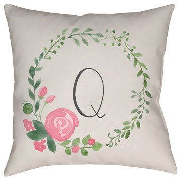Initials II by Surya 'Q' Pillow, Beige/Pink/Green, 18' x 18'