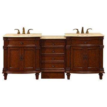 80 Inch Small Dark Brown Bathroom Vanity with Double Sink, Marble, Traditional