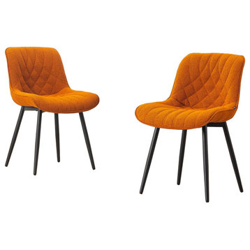 Set of 2 Dining Chair, Sleek Legs With Diamond Stitched Boucle Seat, Orange