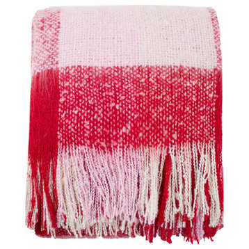 Cozy Faux Mohair Plaid Fringed Throw Blanket - 50" W x 60" L, Red