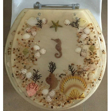 Jewel Seashell and Seahorse Resin Toilet Seat, Standard Round, Beige