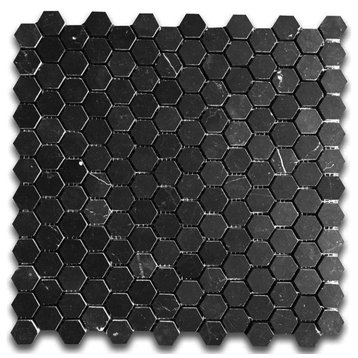 Nero Marquina Black Marble 1 inch Hexagon Mosaic Tile Honed Matte, 1 sheet