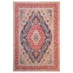 Bareens Designer Rugs - Vintage Antique Darci Blue/Red Wool Rug 7'10"x10'8" - A mesmerizing addition to any decor, this brand-new hand knotted vintage wool rug featuring vibrant colors and a traditional design is made by skilled artisans capable of creating the most exceptional Persian knotted rugs. Harnessing the natural energy of the sun, each rug is organically neutralized from its original color, distressed and then saturated in an infusion of a bold vibrant color pallet to give it a fresh perspective and modern appeal. This masterpiece draws its inspiration from traditional and timeless rug designs, which provides both harmony and contrast bringing a phenomenal twist in any decor. An intricate design and exquisite coloration make this wool rug a standout piece for any room.
