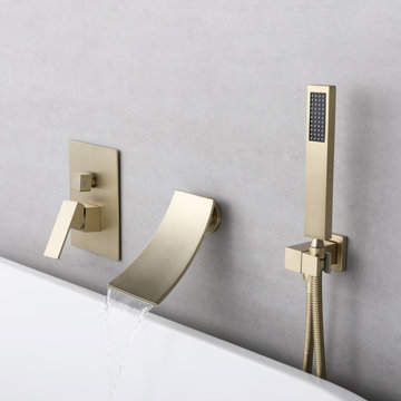 Modern Waterfall Spout Wall-Mount Tub Filler Faucet Single Handle & Handshower i