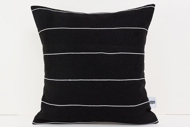 Black throw pillow with White cotton stripes - Black cushion - Designer pillow