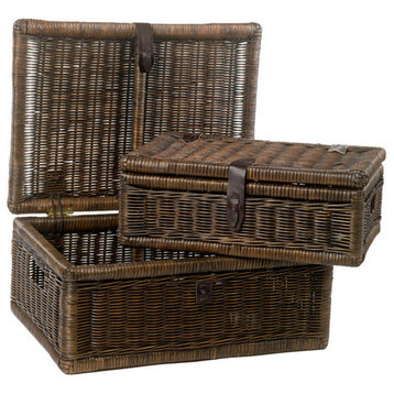 Covered Wicker Storage Basket, Antique Walnut Brown, Large