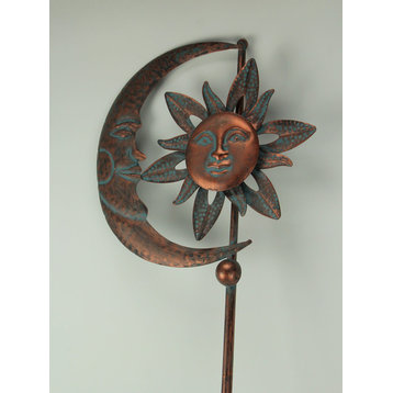 Verdigris Patina Copper Finish Celestial Sun and Moon Wind Spinner Garden Stake