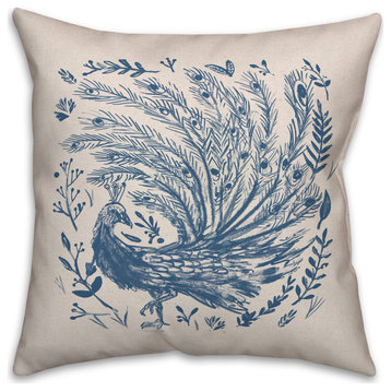 Blue Drawn Peacock 3 18x18 Spun Poly Pillow