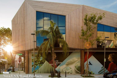 Expansive contemporary two-storey exterior in Portland with wood siding.