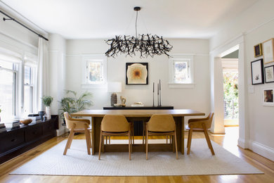 Mid-sized eclectic light wood floor and brown floor dining room photo in Portland with beige walls