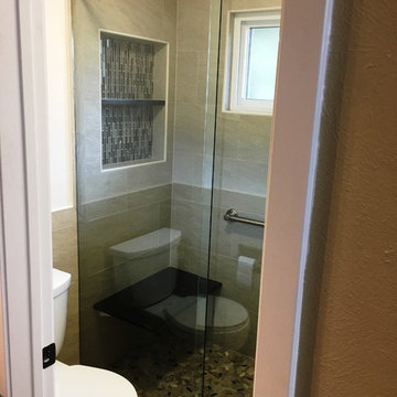 BATHROOM - Contemporary Tub-To-Shower 12 x 24 TanTile and Linear Mosaic Accent