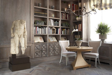 Large eclectic open concept family room library photo in New York