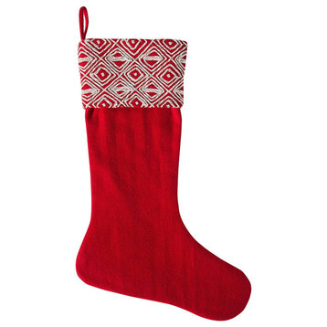 Red Christmas Stocking With Geo Embroidered Cuff, Recycled Wool