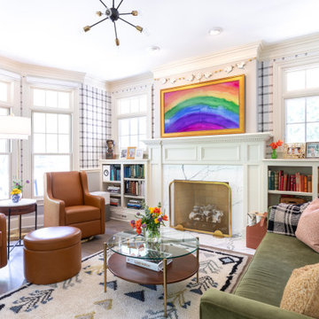 Eclectic Living Room with Custom Built-Ins and a Playful Palette