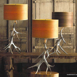 Roost Aluminum Antler Lamp Base & Wood Veneer Shade - SKU: L320 - Table Lamps