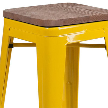 Flash Furniture 30" Backless Metal Bar Stool in Yellow and Wood Grain