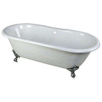 66" Cast Iron Double Ended Clawfoot Tub w/7" Faucet Drillings, White/Chrome