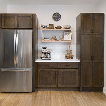 Urban Contemporary Dark Wood Kitchen | White Quartz, Subway Tile & Open Shelving