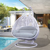 2 Person White Wicker Double Hanging Egg Swing Chair, Light Gray