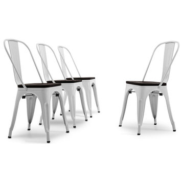 Wood Seat Metal Dining Chairs, Set of 4, White