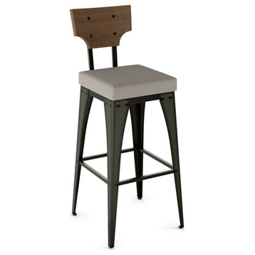 Amisco Rally Counter and Bar Stool, Taupe Grey Faux Leather / Light Brown Wood / Dark Brown Semi-Transparent Metal, Bar Height