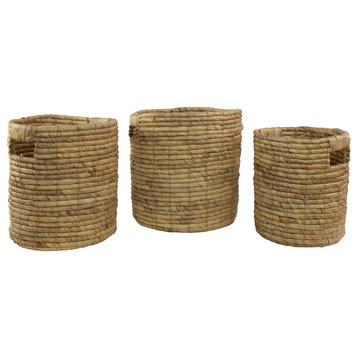 Set of 3 Light Brown Natural Woven Table and Floor Cylindrical Seagrass Baskets