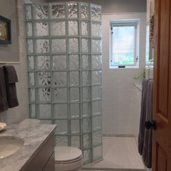 Guest Bathroom Remodel with Walk In Glass Block Shower and Stone Shower Pan - Bath Products