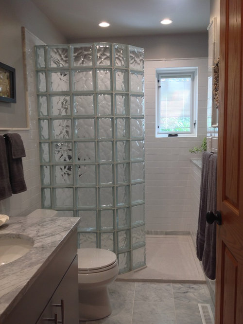Guest Bathroom Remodel with Walk In Glass Block Shower and Stone Shower Pan