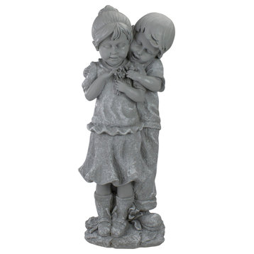 19.5" Gray Boy Hugging Girl Outdoor Garden Statue