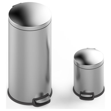 8 Gal and 1.3 Gal Fingerprint Free Stainless Steel Round Step-on Trash Can Set