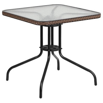 28" Square Tempered Glass Metal Table With Dark Brown Rattan Edging