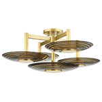 Hudson Valley - Griston 5-Light Semi Flush, Aged Brass - Discs of ribbed clear smoke glass capped in Aged Brass take cues from rippling waves to create the glamourous retro aesthetic of Griston. When lit, this vintage-inspired design casts a warm, golden glow, delivering just the right amount of sparkle.