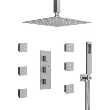 Thermostatic 12 in.Rainfall Shower Faucet and Dual Shower Heads with Body Jets, Brushed Nickel