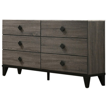 Wooden Dresser with 6 Drawers and Rhombic Handles, Gray