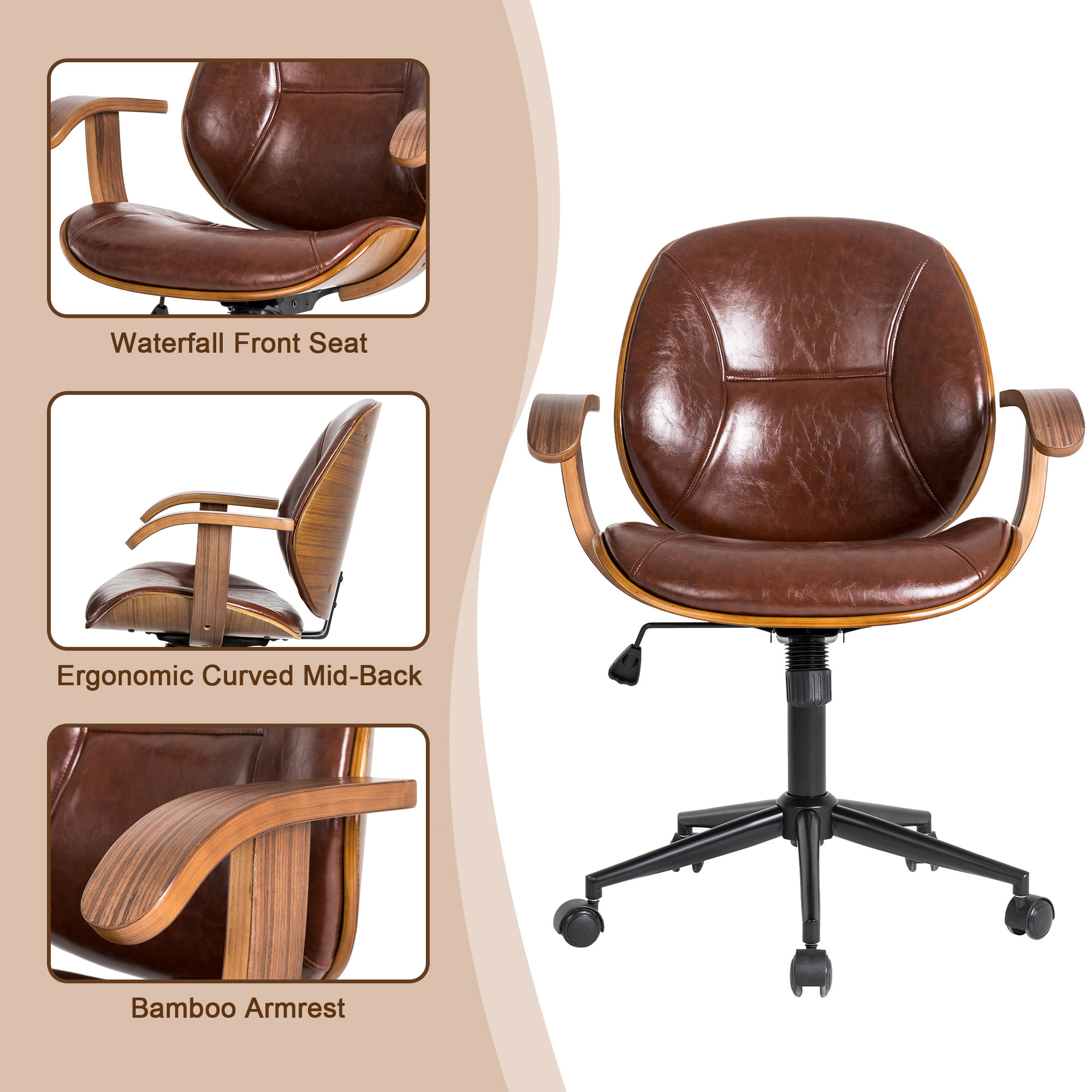 38"H Russet PU Leather Adjustable Swivel Desk Chair/Task Chair