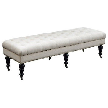 Linon Isabelle Upholstered 62" Long Bench Wood Legs in Natural Linen Fabric