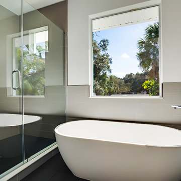 Primary suite bath shower and vessel tub