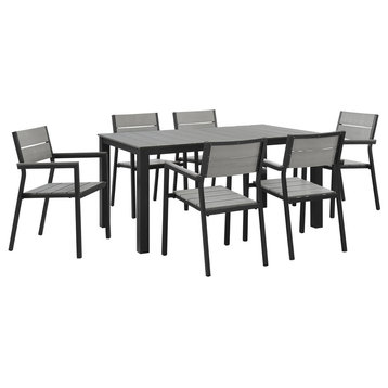 Modern Urban Contemporary Set of 7 Outdoor Patio Dining Set, Brown Gray Steel