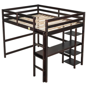 Modern Loft Bed, Full Size Design With Built, Desk and 4 Open Shelves, Espresso
