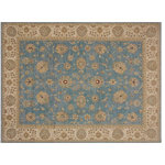 Bareens Designer Rugs - Oriental Ziegler Spears Blue Beige Hand-Knotted Wool Rug - 8'11'' x 11'10'' - Enhance the ambiance of your home with this magnificent Persian-influenced Turkish hand-knotted rug made by skilled artisans capable of creating the most exceptional vegetable dyes and hand-spun wool. This exquisite handmade rug is a one-of-a-kind Peshawar Kafkaz, otherwise identified as Chobi, Chobi Peshawar, Oushak, or Ziegler rug. These handmade rugs are crafted in Pakistan utilizing superior-quality wool imported from Australia, New Zealand, and Korea in two types of weaves: the Persian weave and the Mori weave. This rug is meticulously crafted by hand using the finest natural vegetable dyes extracted from local plants. The artisans use a blend of hand-spun local and fine merino wool, resulting in a rug with a compelling texture, higher lanolin content, and longer staple. The artisans occasionally incorporate natural or artificial silk into the pile to enhance specific motifs. The finished product is an awe-inspiring execution of flawless design and an understated palette that exudes elegance.