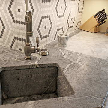 White Cabinets, Grey Countertops and Edgy Tile Backsplash
