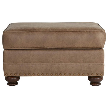 Transitional Ottoman, Espresso Legs and Brown Faux Leather Seat With Nailhead