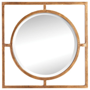 Contemporary Brass Gold Circle in Square Wall Mirror Open Geometric 18 in