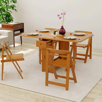 57" Modern Solid Wood Folding 5 Piece Dining Table Set Drop Leaf with 4 Chairs, With_chair