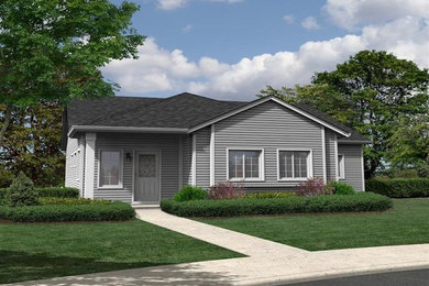 Small gray one-story wood exterior home idea in Other