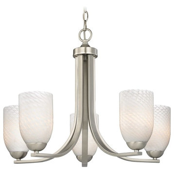 Modern Satin Nickel Chandelier with White Art Glass and Five Lights