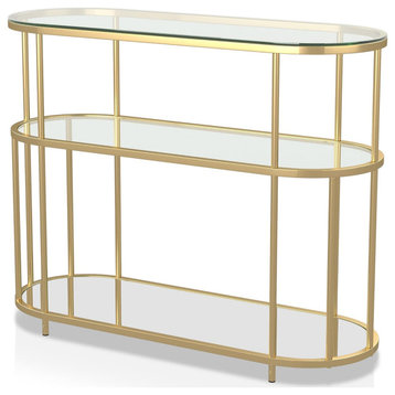 Modern Industrial Console Table, Oval Design With Golden Frame & 3 Glass Tiers